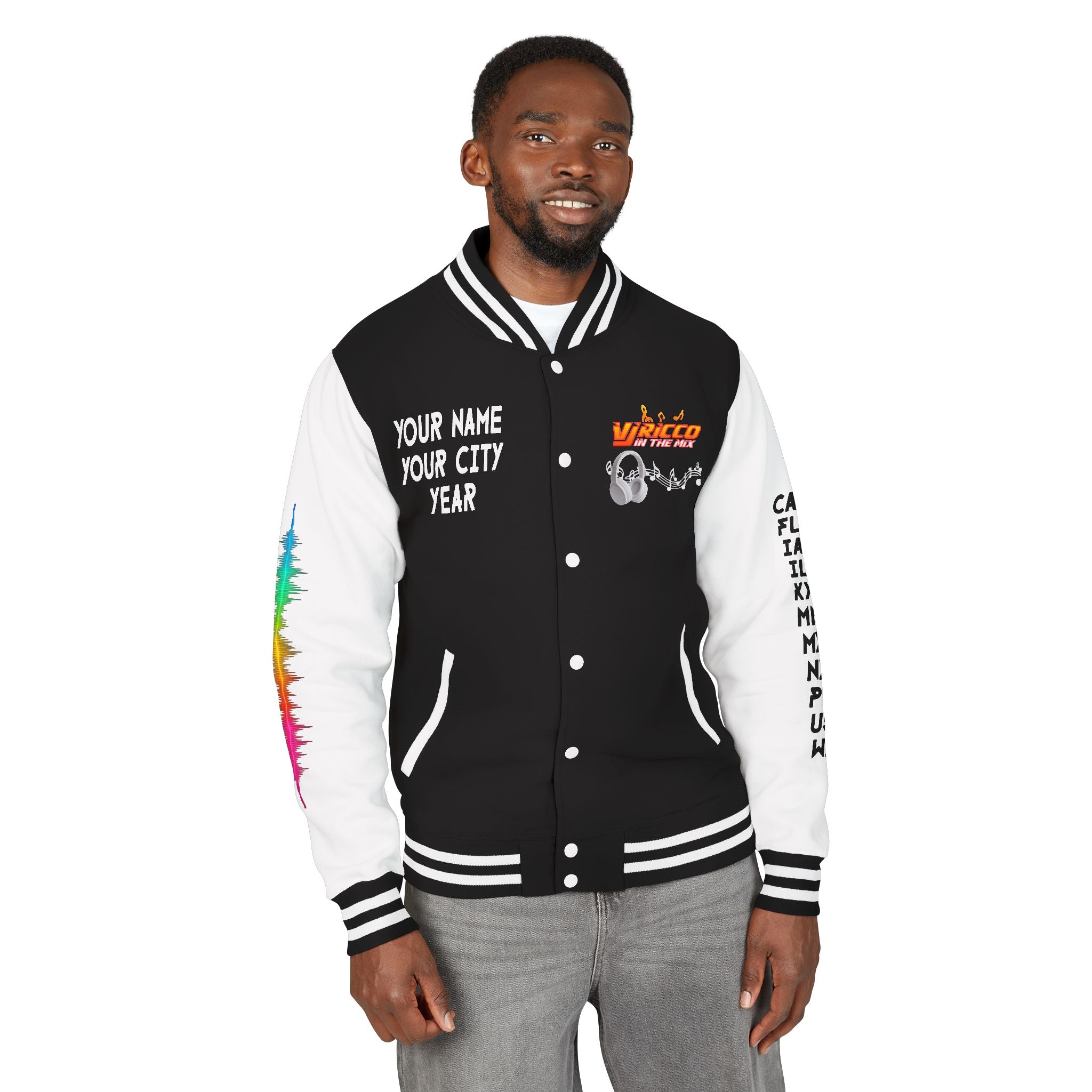 "VJ Ricco"🎤 Unisex Letterman Jacket – Personalize with Name, Year, State & DJ brand