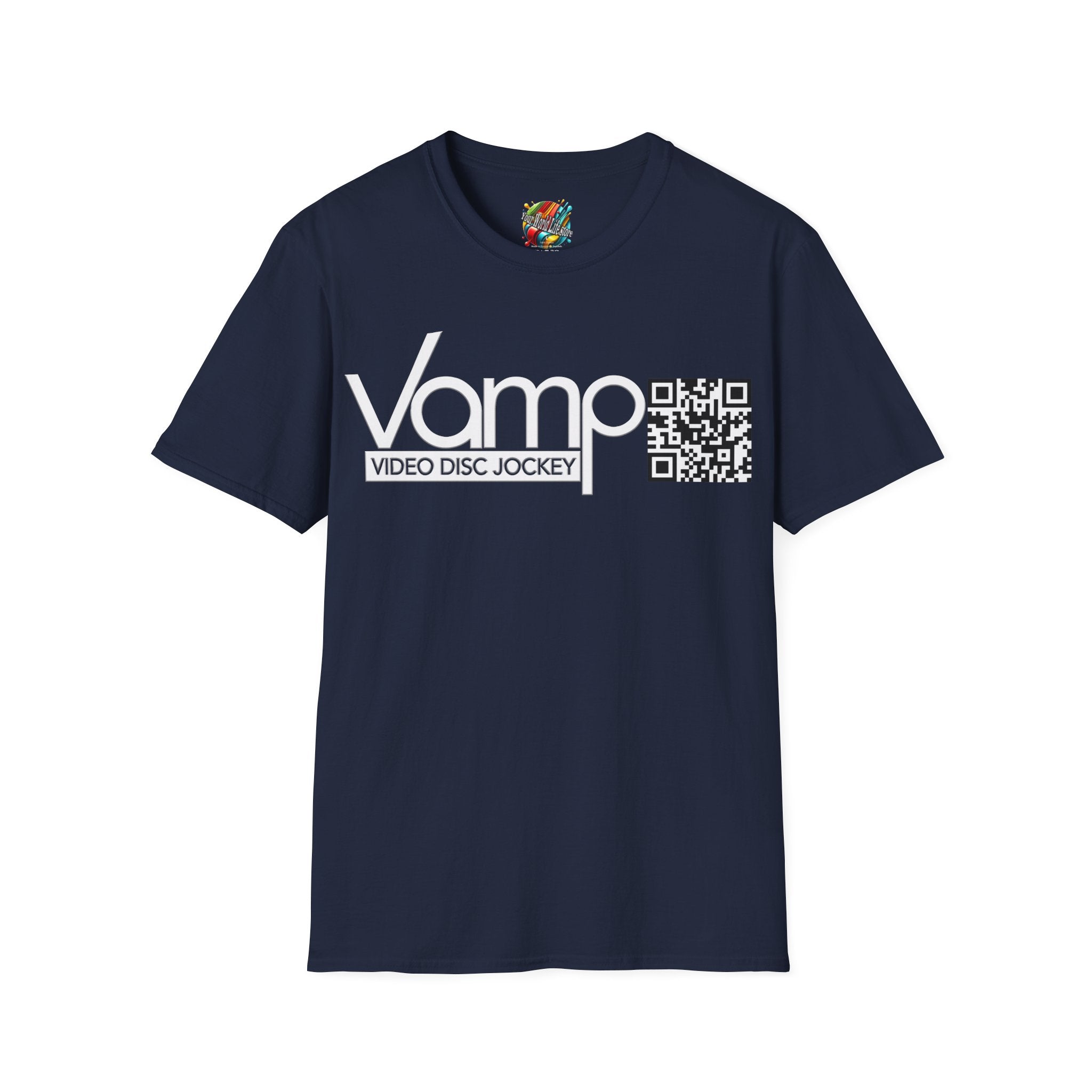 "DJ VAMP" 🎧Signature Logo Tee – Bold, Loud, and Made to Move - QR