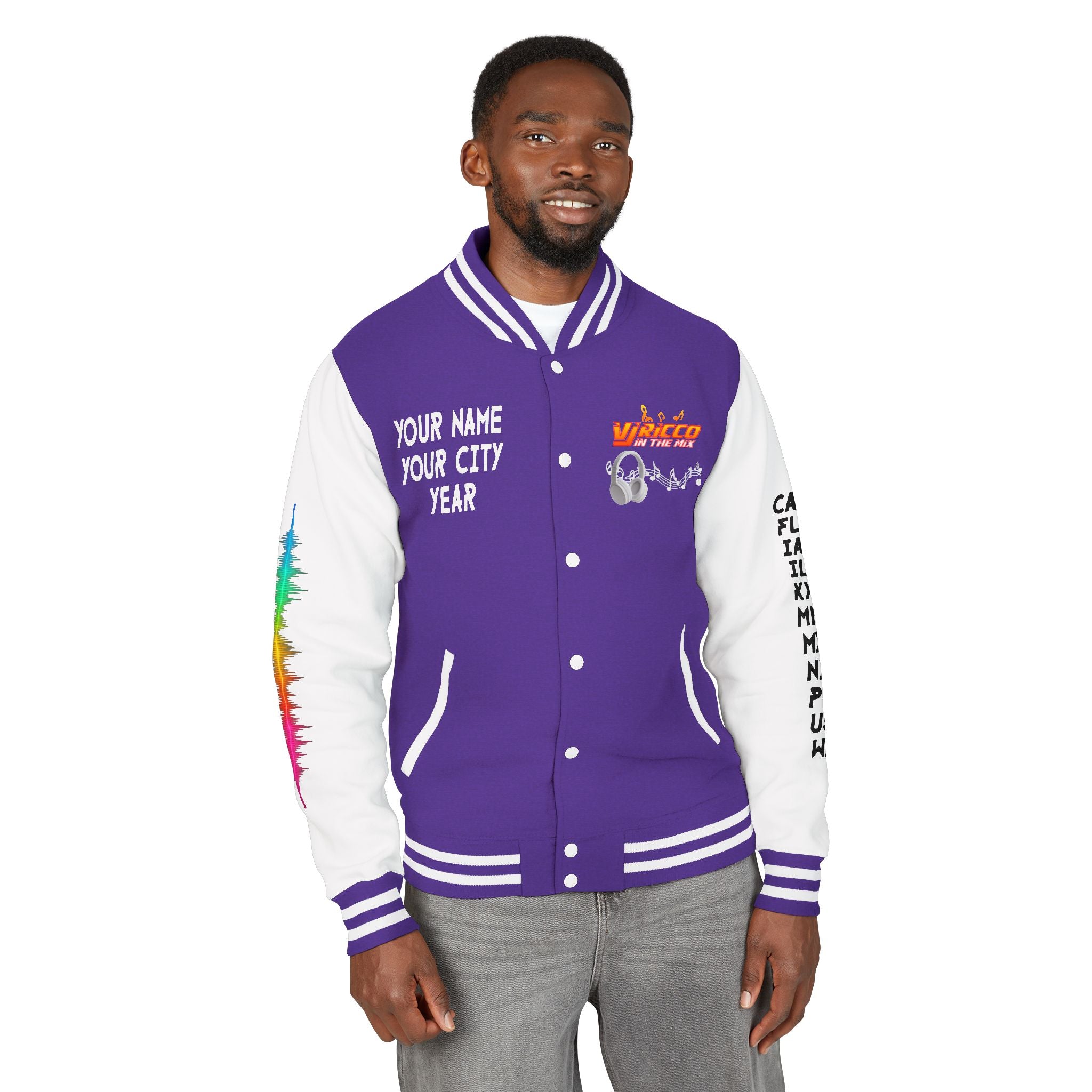 "VJ Ricco"🎤 Unisex Letterman Jacket – Personalize with Name, Year, State & DJ brand