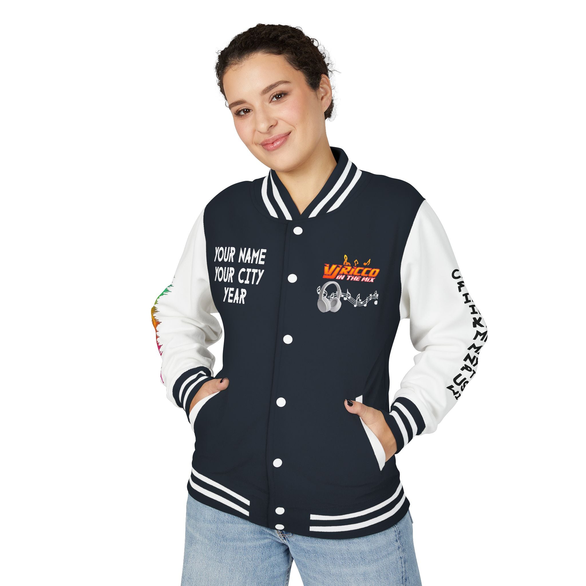 "VJ Ricco"🎤 Unisex Letterman Jacket – Personalize with Name, Year, State & DJ brand
