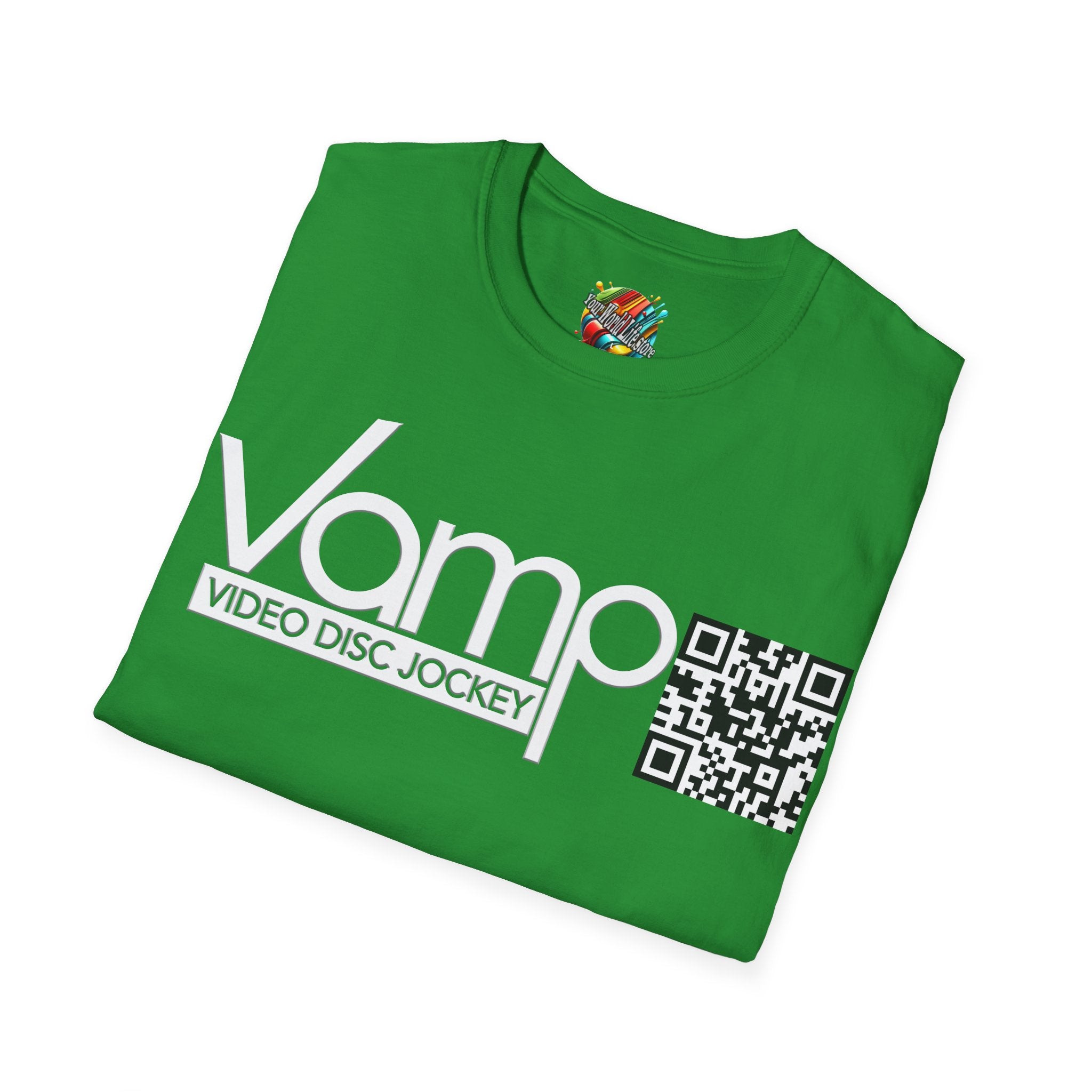"DJ VAMP" 🎧Signature Logo Tee – Bold, Loud, and Made to Move - QR