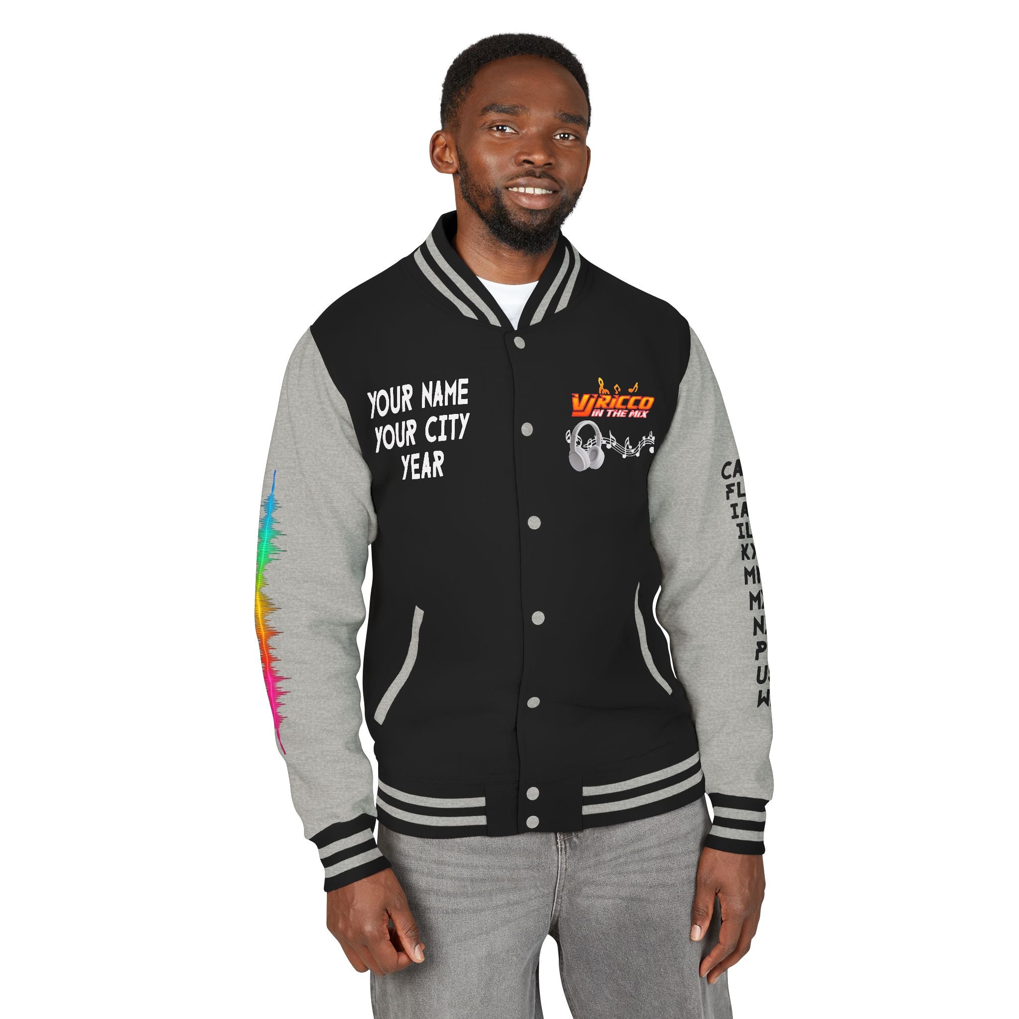 "VJ Ricco"🎤 Unisex Letterman Jacket – Personalize with Name, Year, State & DJ brand