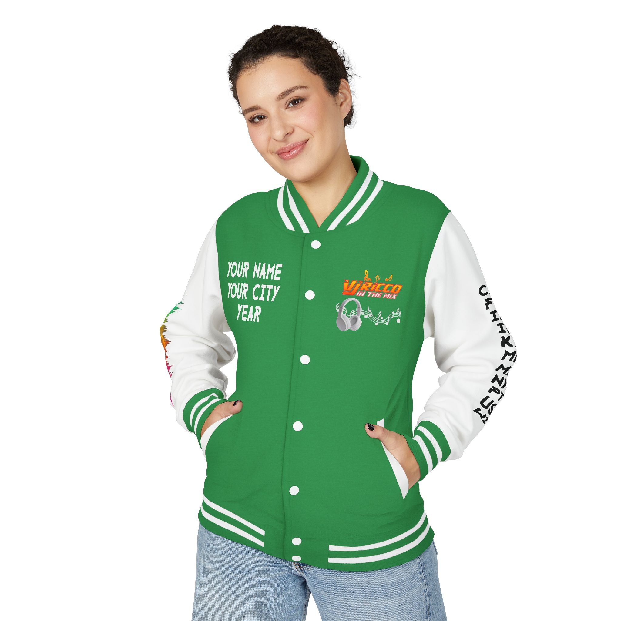 "VJ Ricco"🎤 Unisex Letterman Jacket – Personalize with Name, Year, State & DJ brand