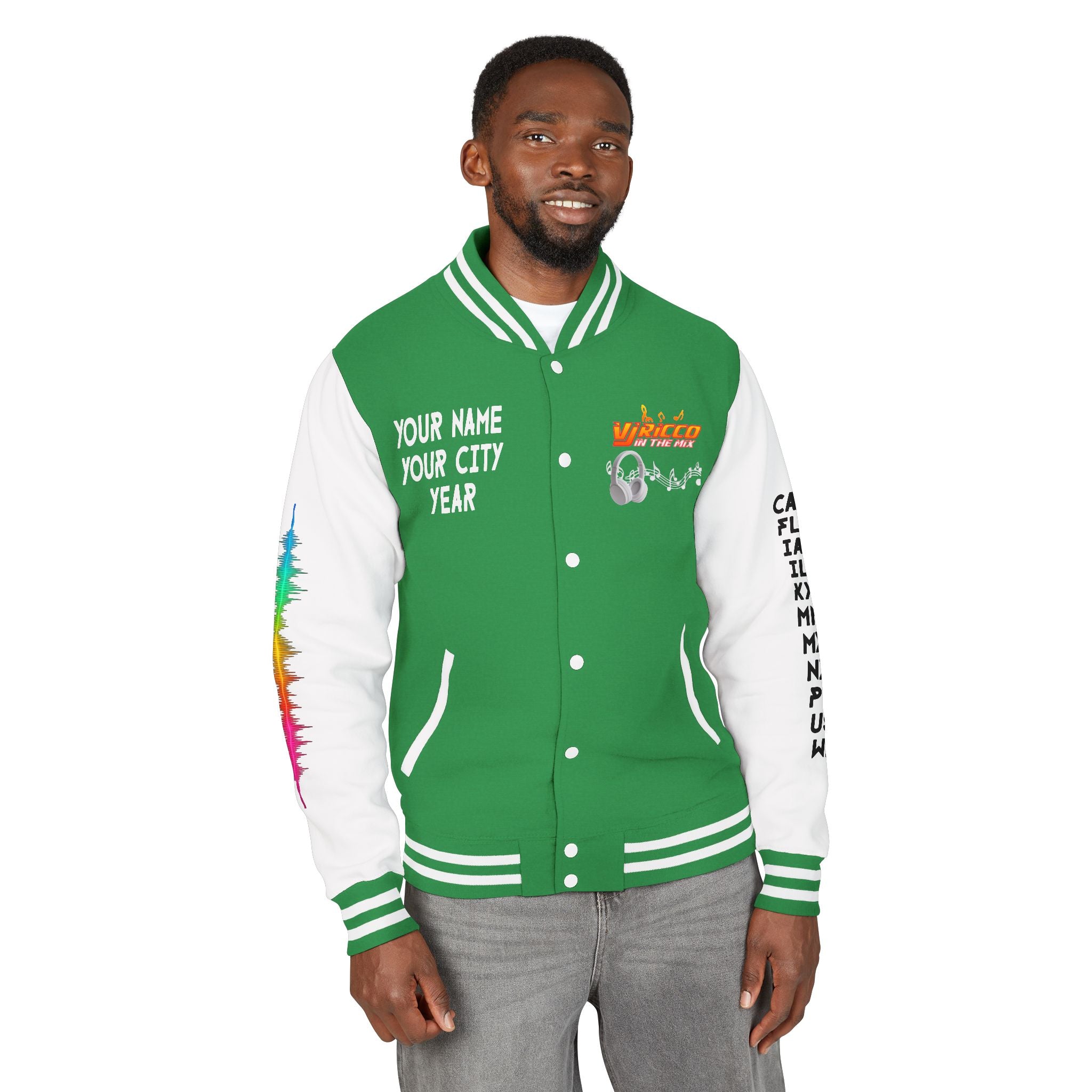 "VJ Ricco"🎤 Unisex Letterman Jacket – Personalize with Name, Year, State & DJ brand