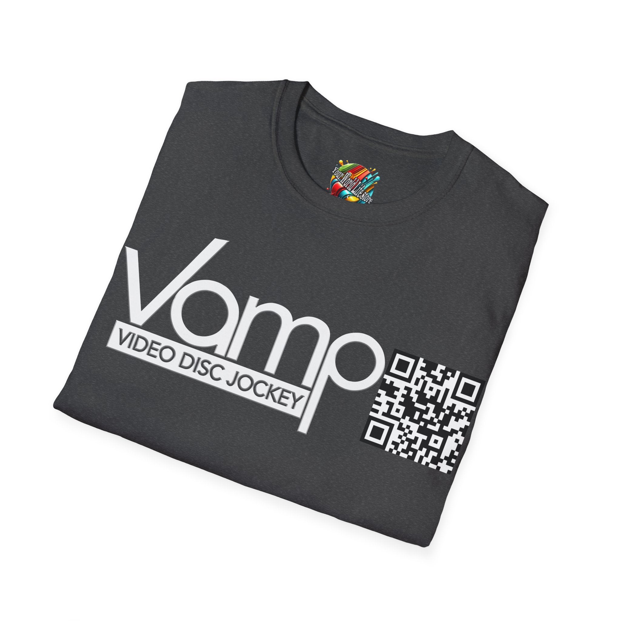 "DJ VAMP" 🎧Signature Logo Tee – Bold, Loud, and Made to Move - QR