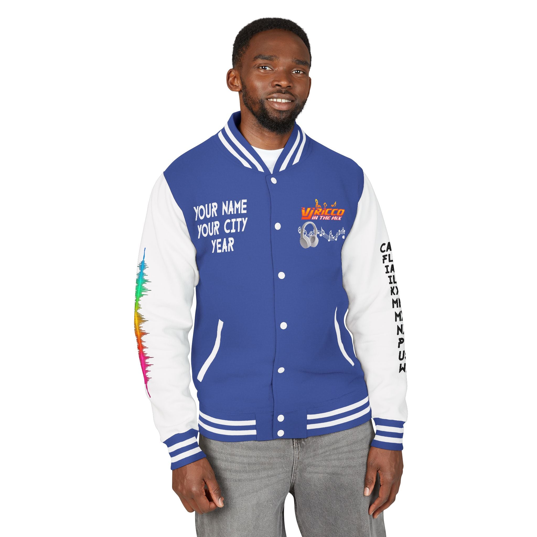 "VJ Ricco"🎤 Unisex Letterman Jacket – Personalize with Name, Year, State & DJ brand