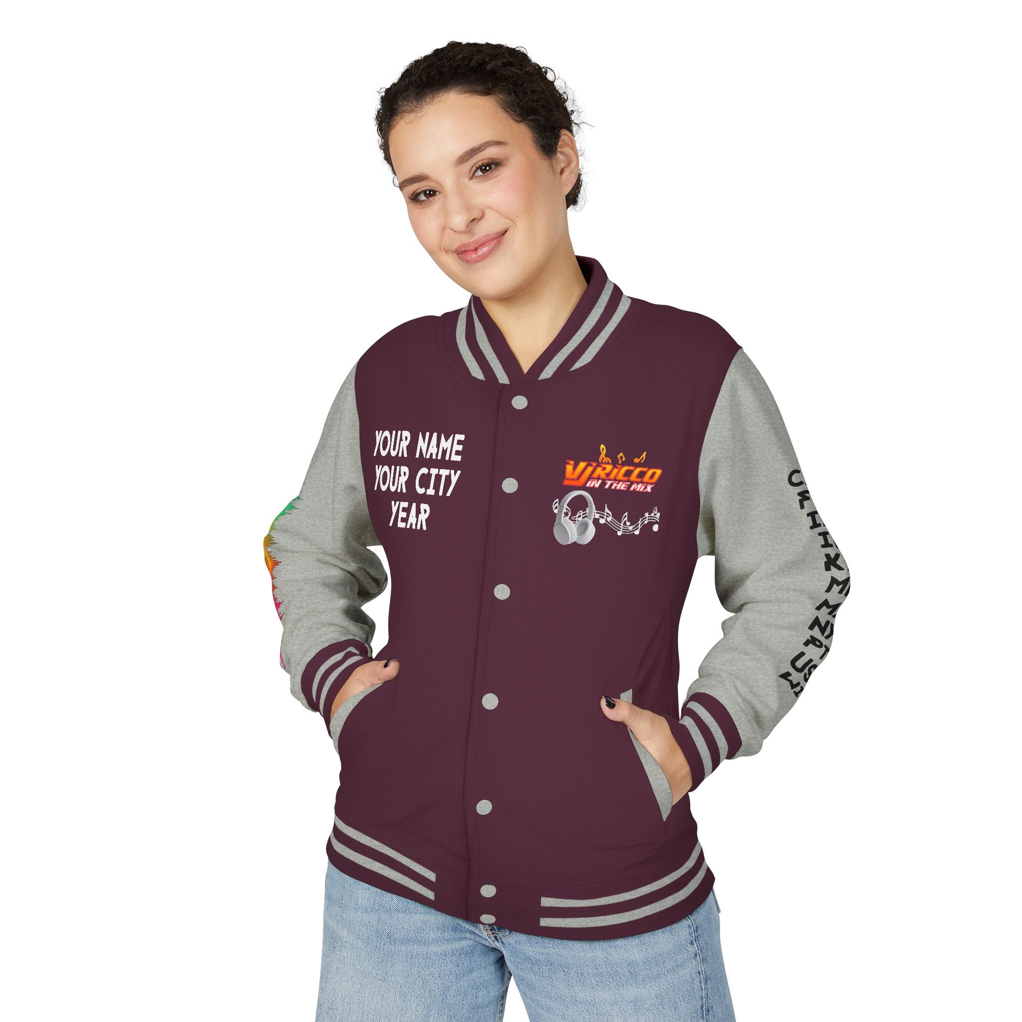 "VJ Ricco"🎤 Unisex Letterman Jacket – Personalize with Name, Year, State & DJ brand