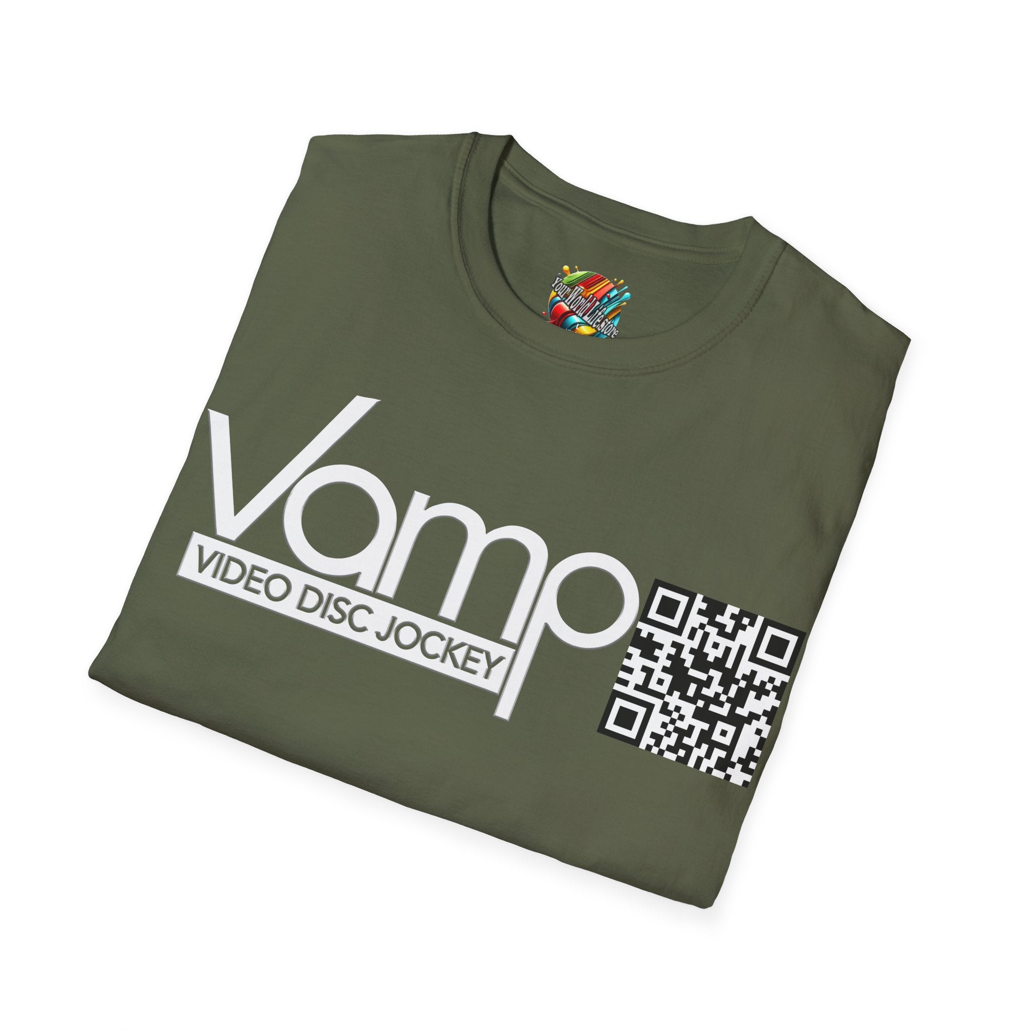 "DJ VAMP" 🎧Signature Logo Tee – Bold, Loud, and Made to Move - QR