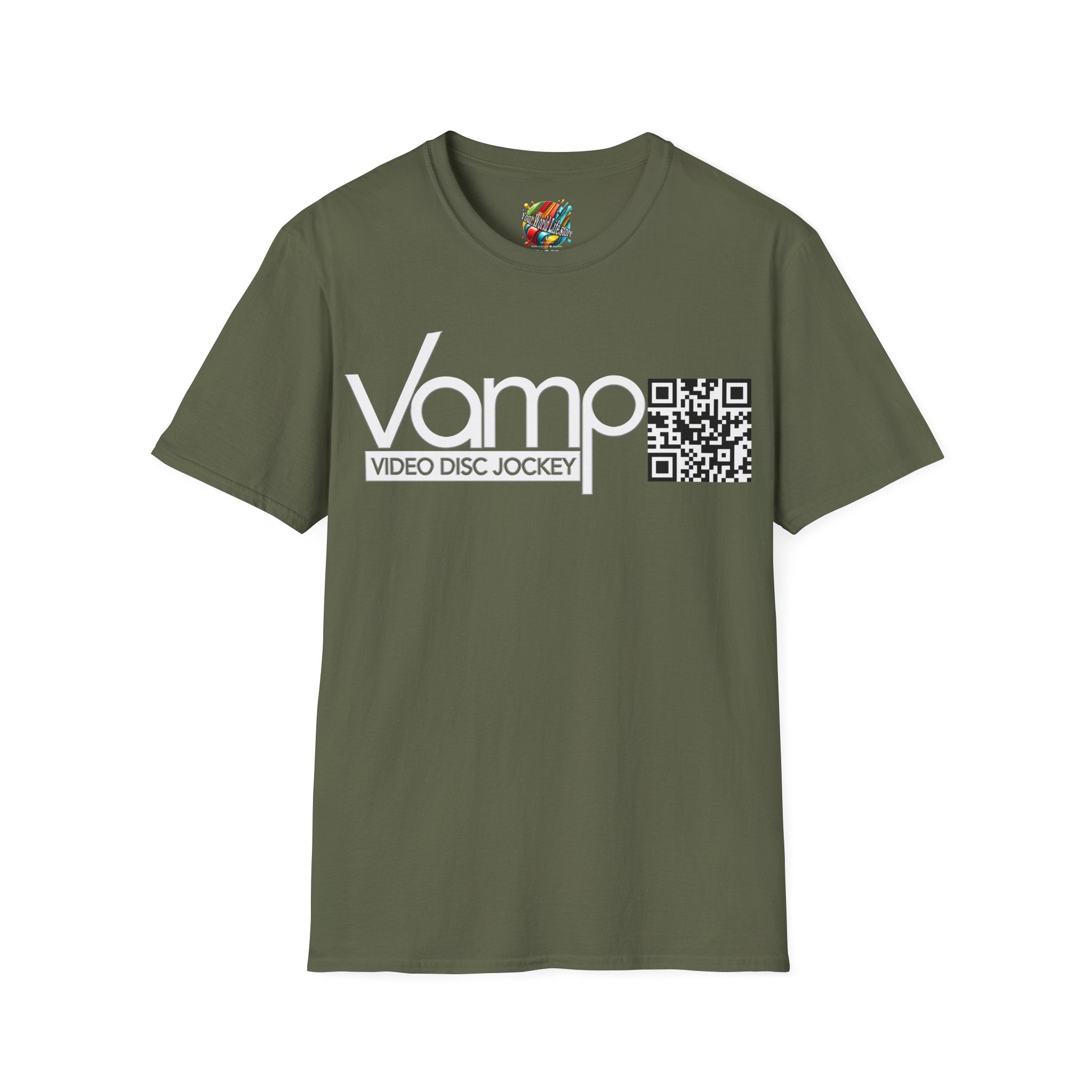 "DJ VAMP" 🎧Signature Logo Tee – Bold, Loud, and Made to Move - QR