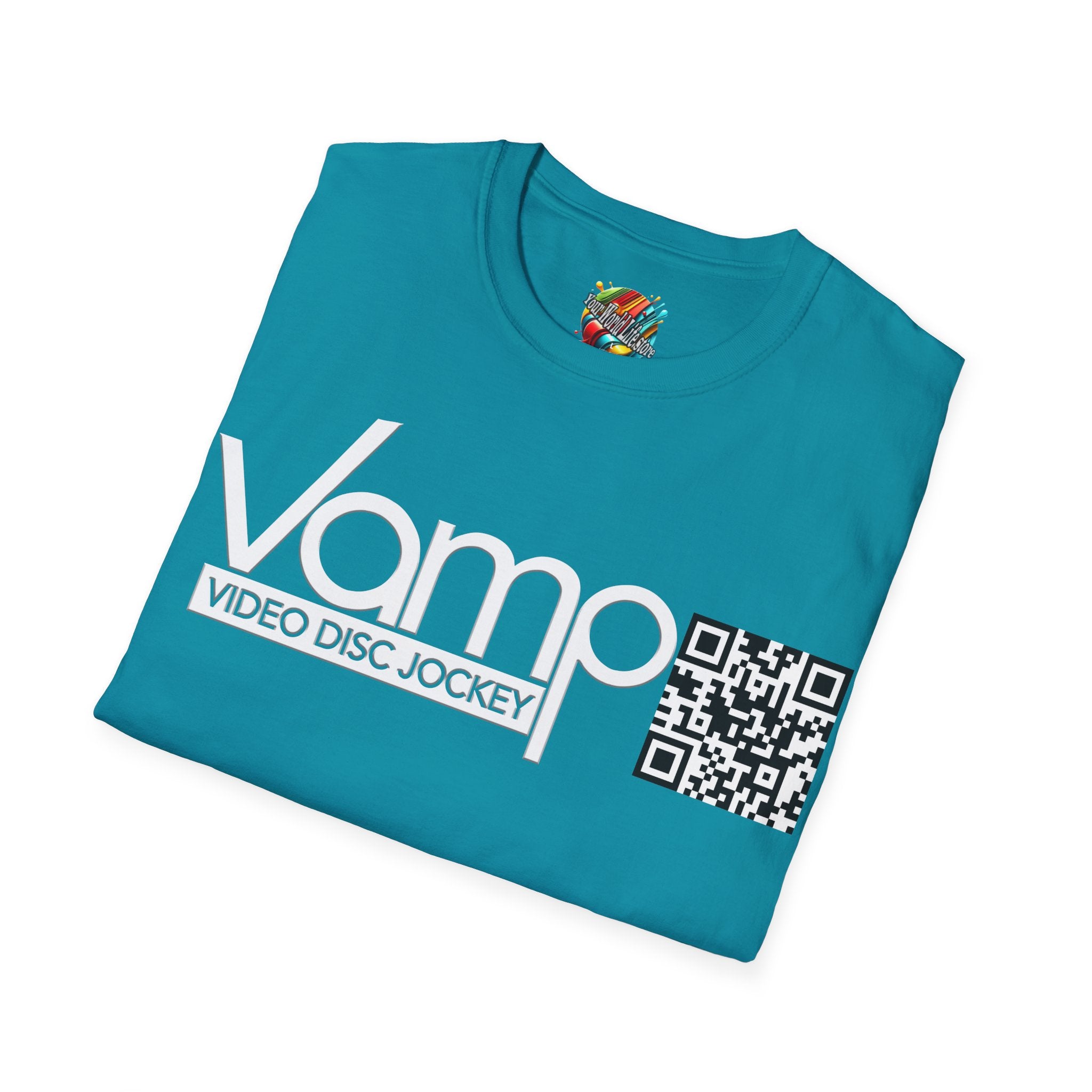 "DJ VAMP" 🎧Signature Logo Tee – Bold, Loud, and Made to Move - QR