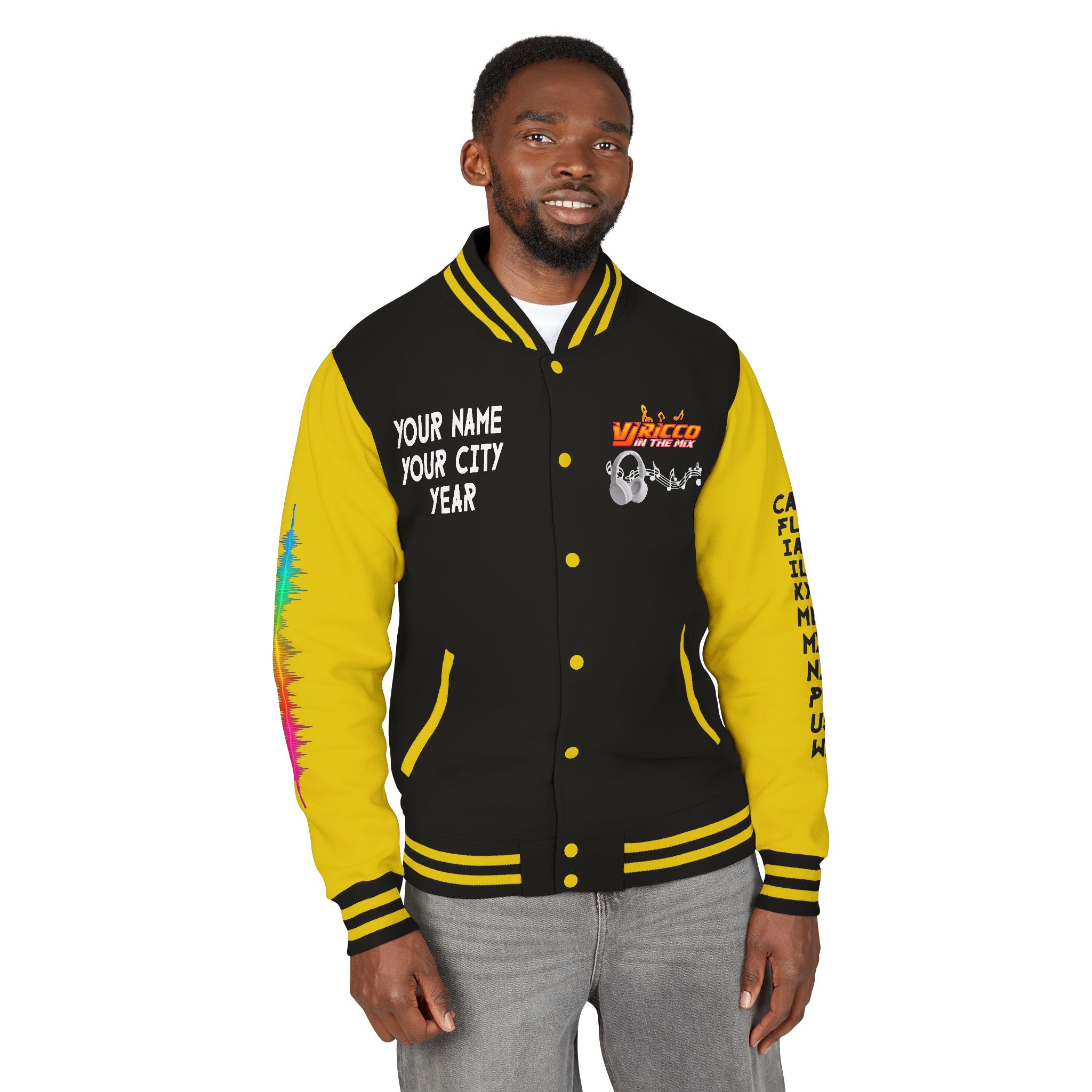 "VJ Ricco"🎤 Unisex Letterman Jacket – Personalize with Name, Year, State & DJ brand
