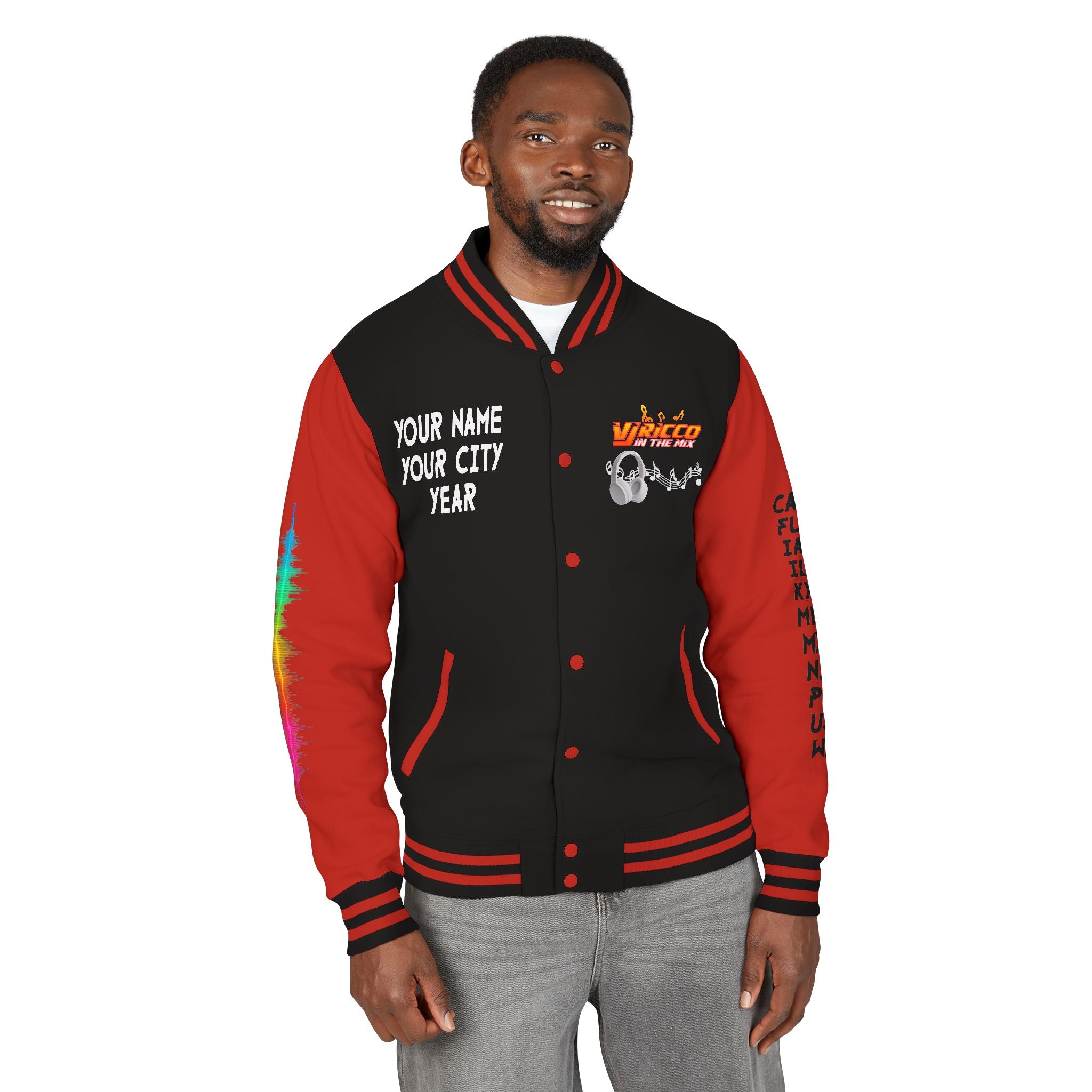 "VJ Ricco"🎤 Unisex Letterman Jacket – Personalize with Name, Year, State & DJ brand