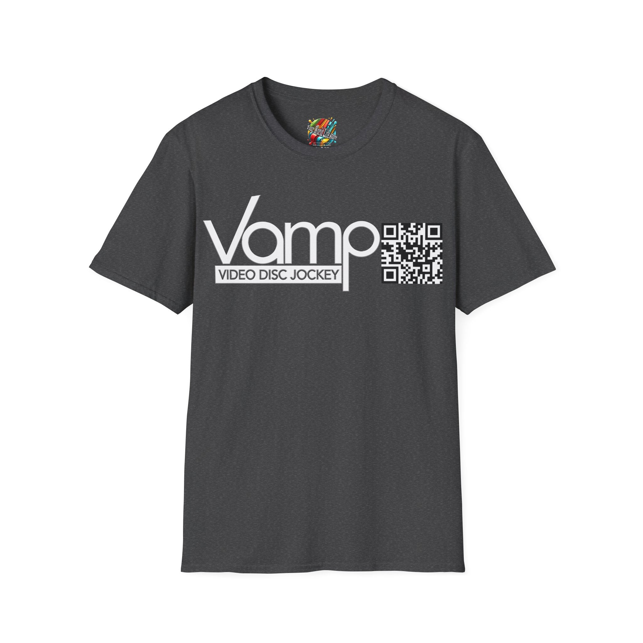 "DJ VAMP" 🎧Signature Logo Tee – Bold, Loud, and Made to Move - QR