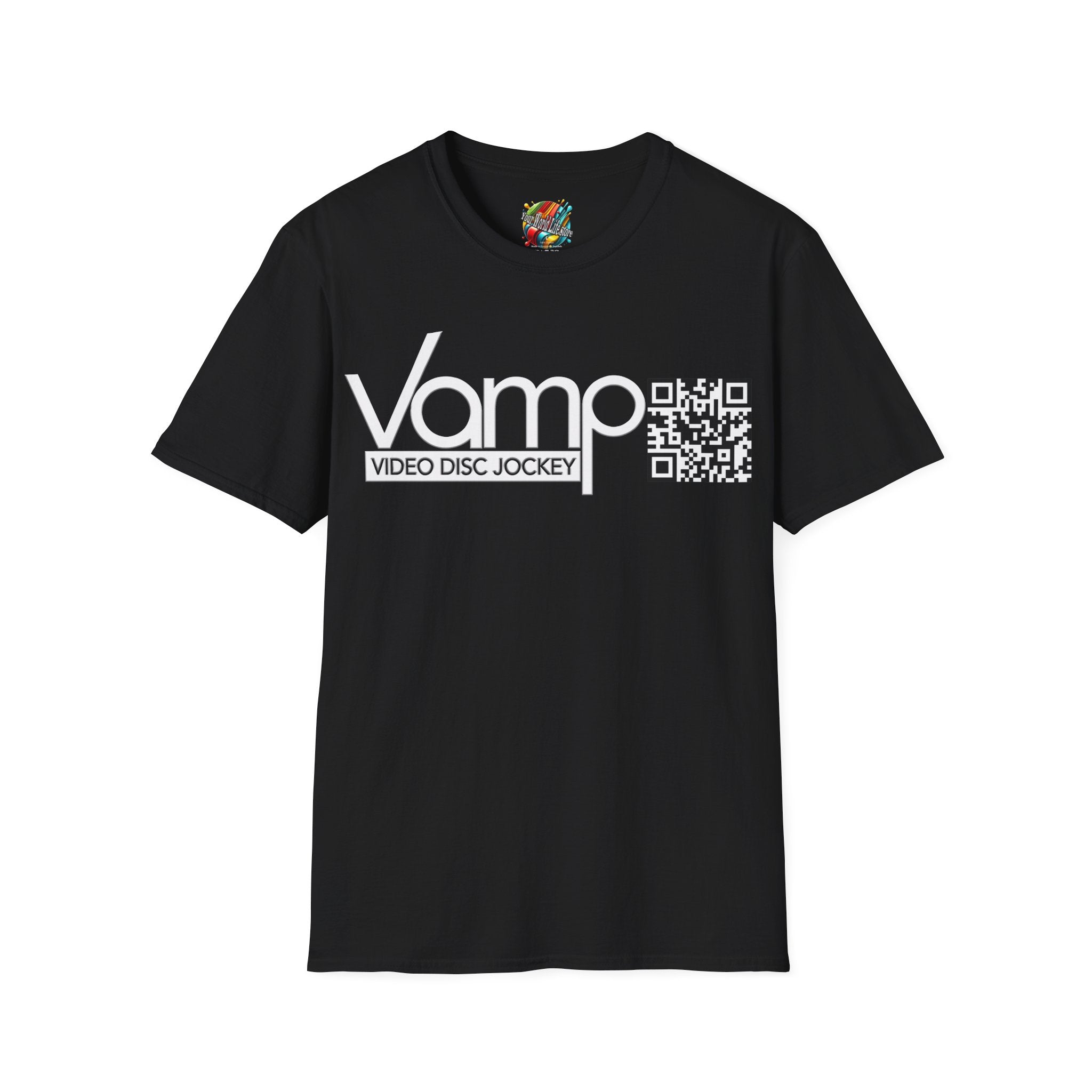 "DJ VAMP" 🎧Signature Logo Tee – Bold, Loud, and Made to Move - QR