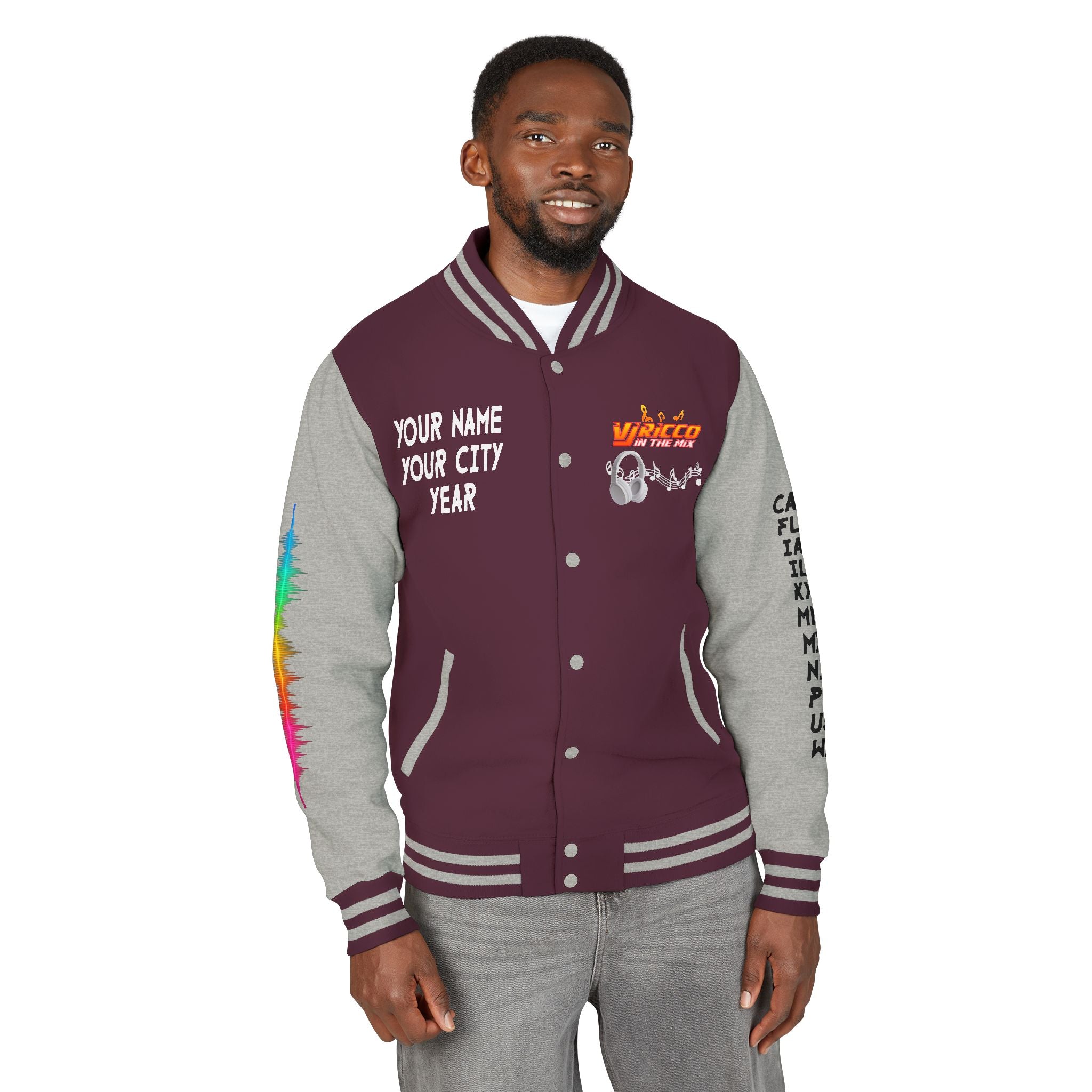 "VJ Ricco"🎤 Unisex Letterman Jacket – Personalize with Name, Year, State & DJ brand