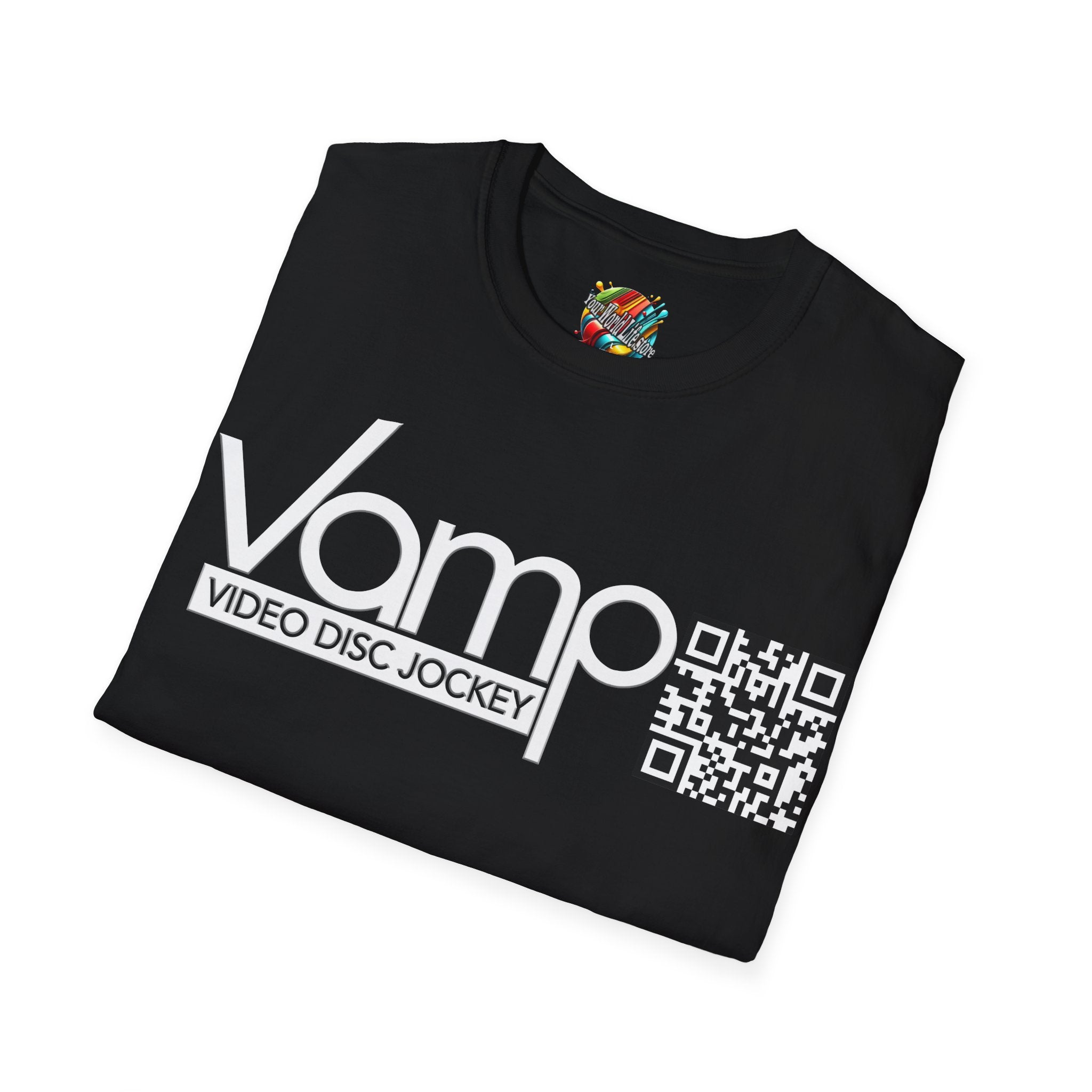 "DJ VAMP" 🎧Signature Logo Tee – Bold, Loud, and Made to Move - QR