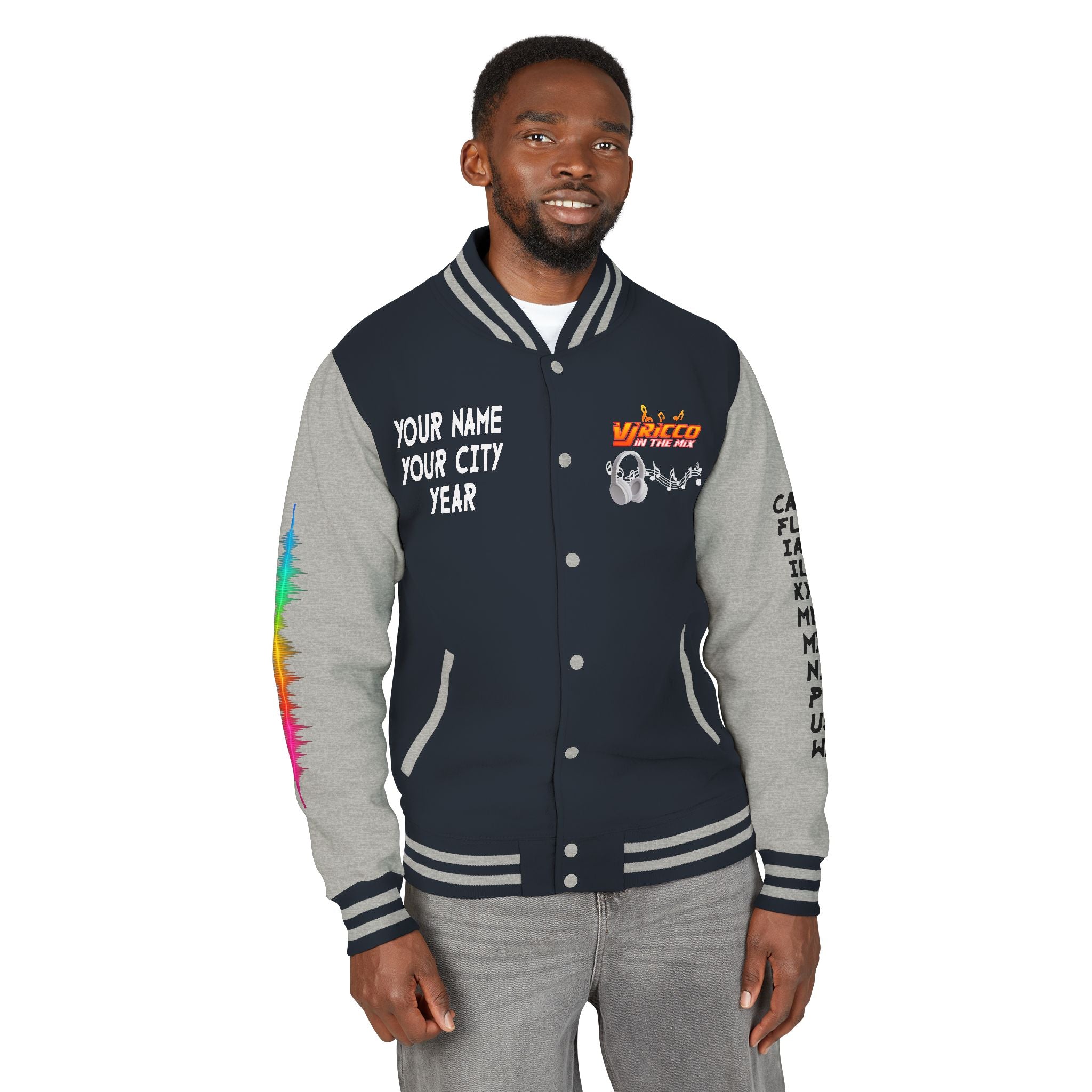 "VJ Ricco"🎤 Unisex Letterman Jacket – Personalize with Name, Year, State & DJ brand