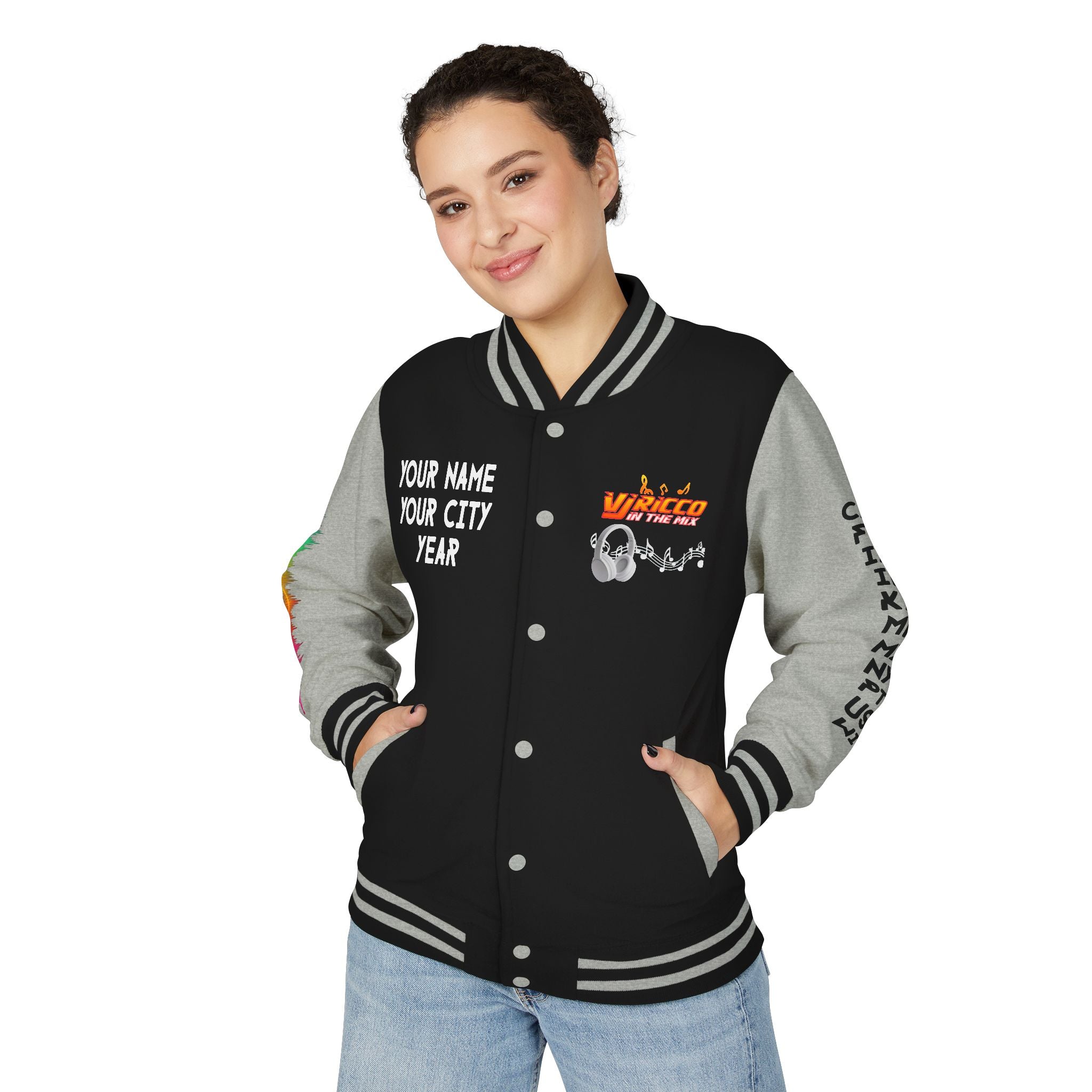 "VJ Ricco"🎤 Unisex Letterman Jacket – Personalize with Name, Year, State & DJ brand