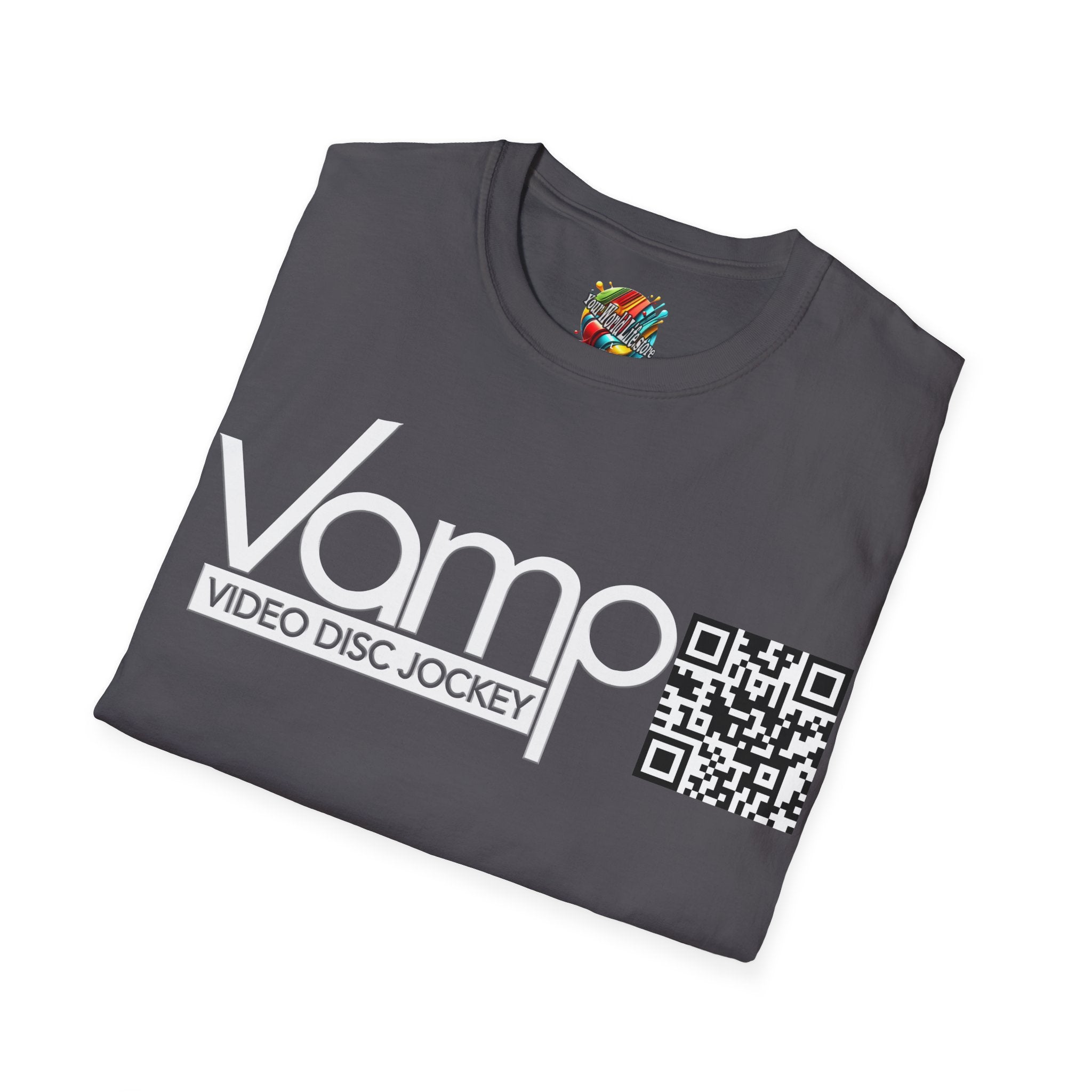 "DJ VAMP" 🎧Signature Logo Tee – Bold, Loud, and Made to Move - QR