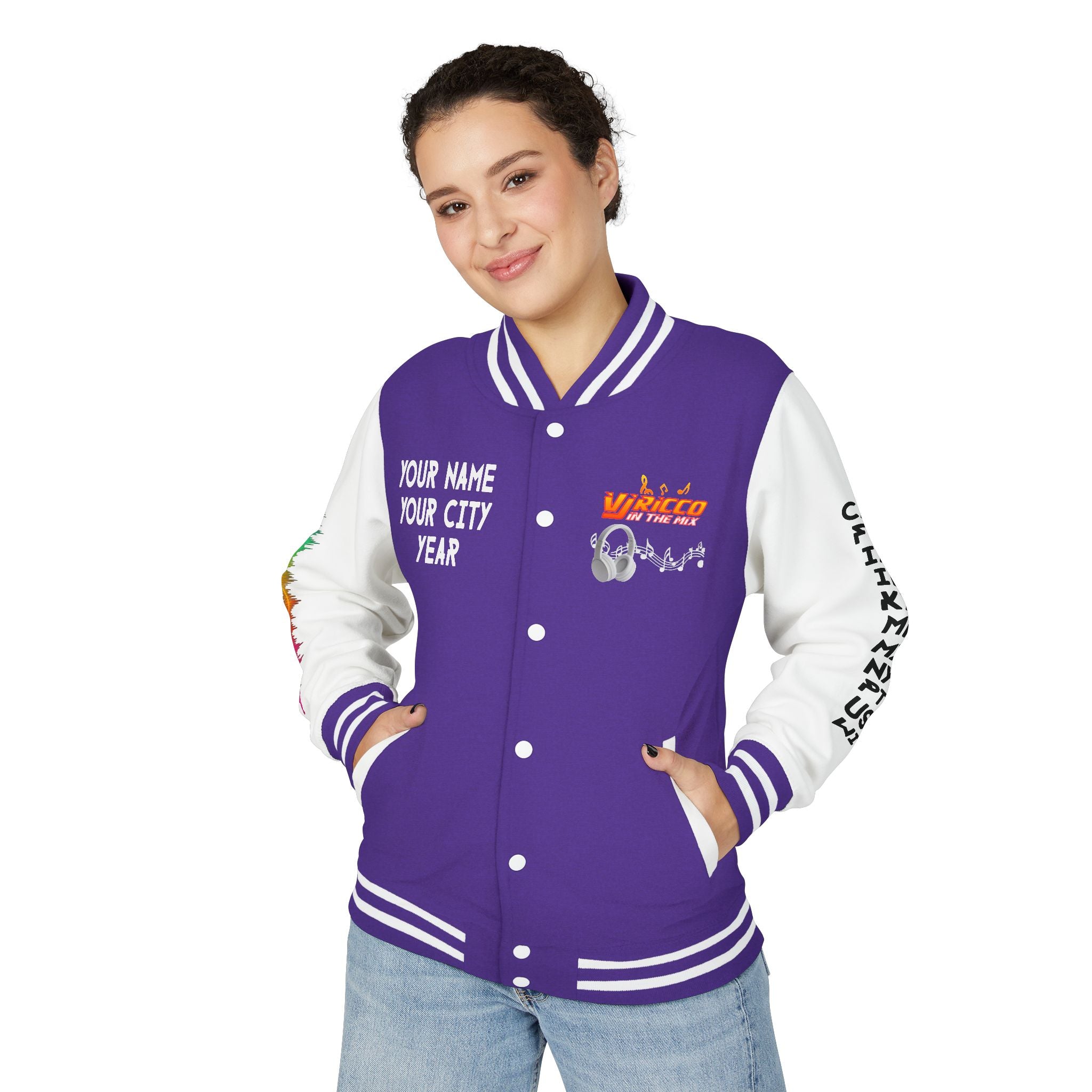 "VJ Ricco"🎤 Unisex Letterman Jacket – Personalize with Name, Year, State & DJ brand
