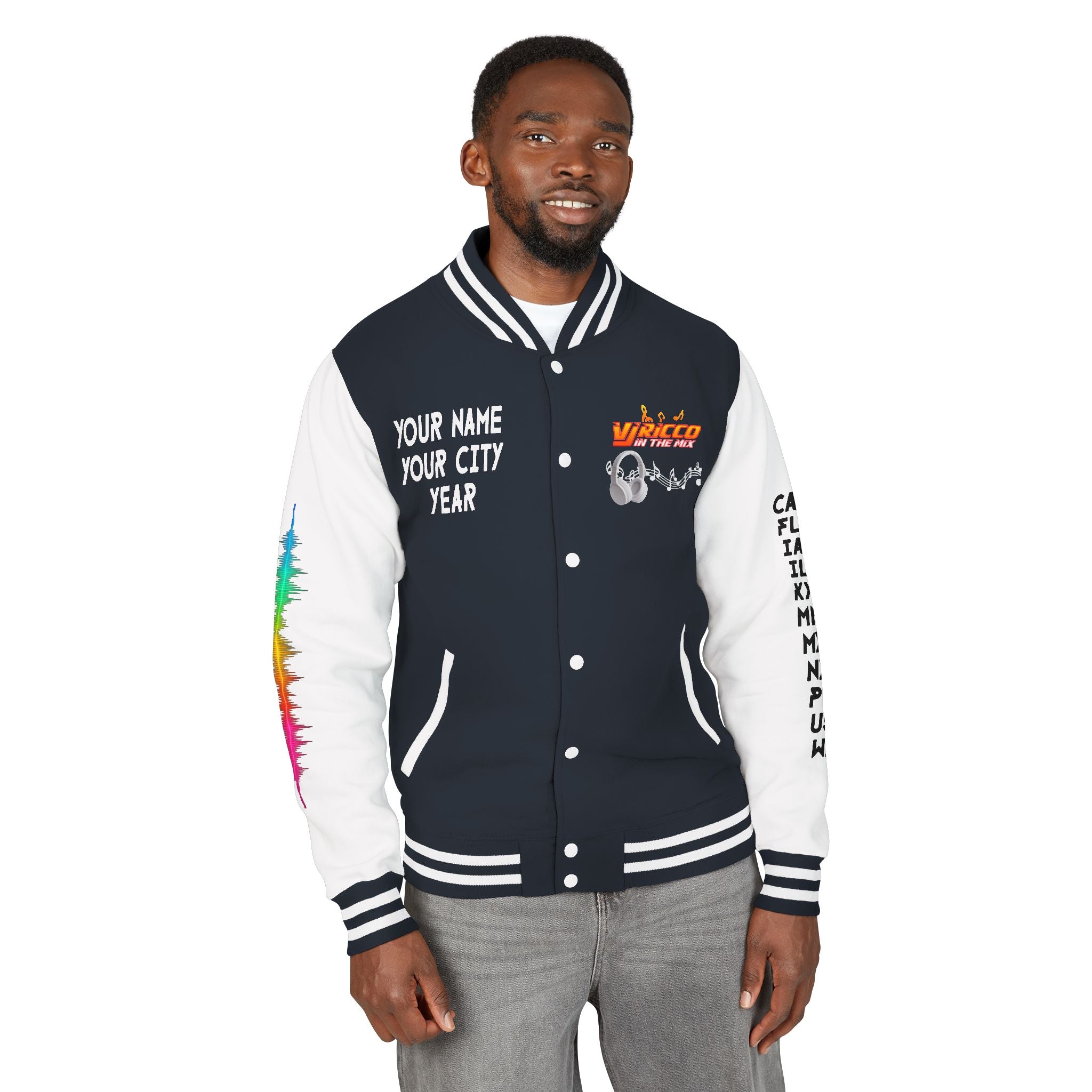"VJ Ricco"🎤 Unisex Letterman Jacket – Personalize with Name, Year, State & DJ brand