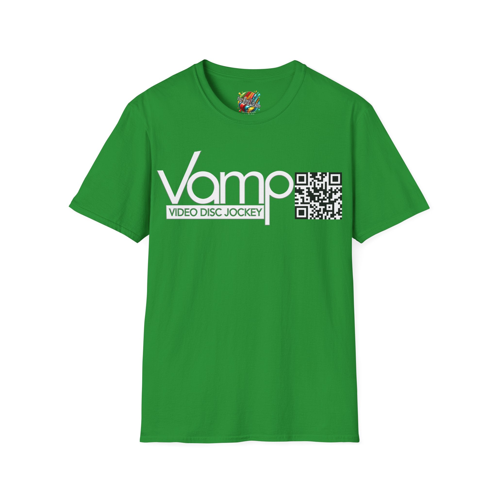 "DJ VAMP" 🎧Signature Logo Tee – Bold, Loud, and Made to Move - QR