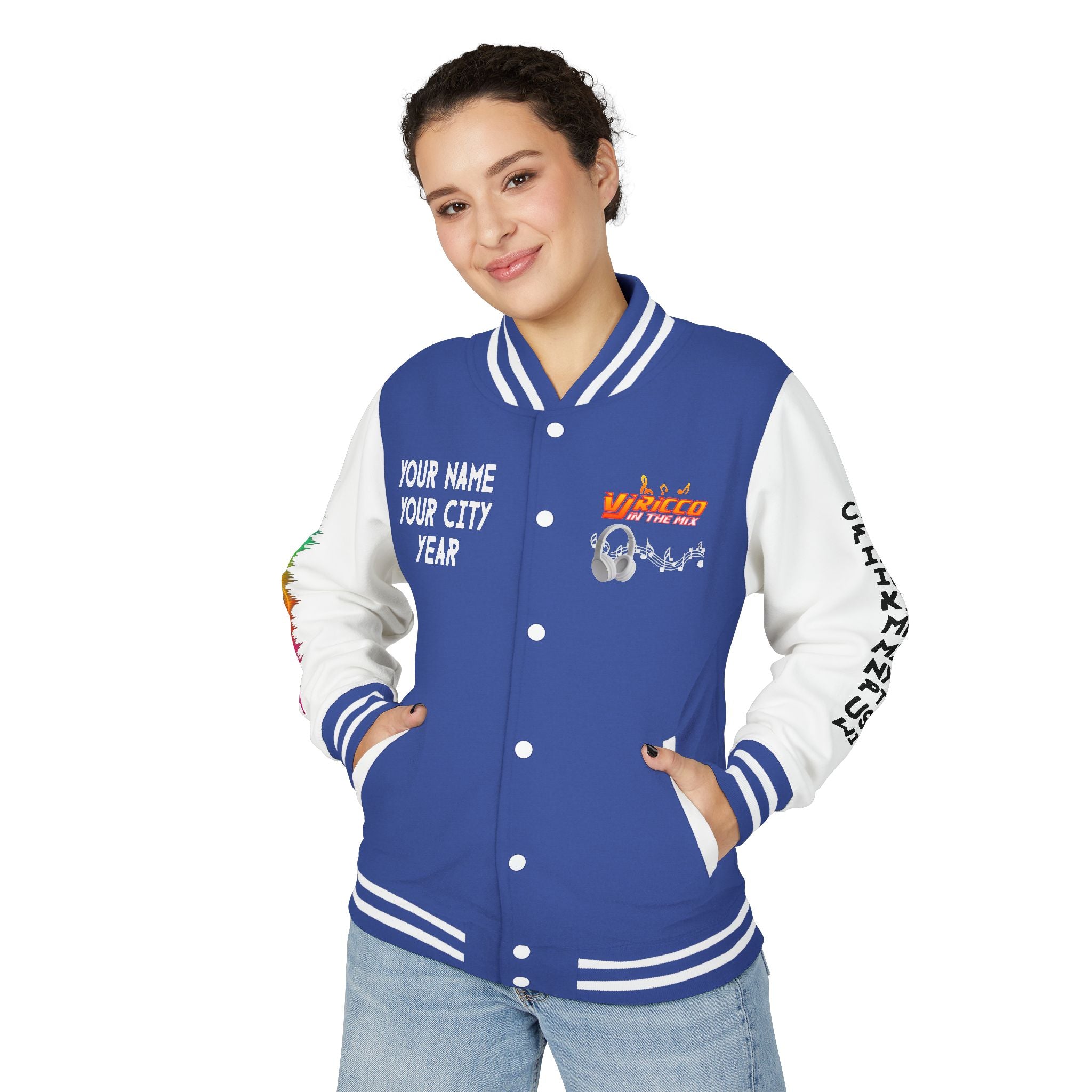 "VJ Ricco"🎤 Unisex Letterman Jacket – Personalize with Name, Year, State & DJ brand