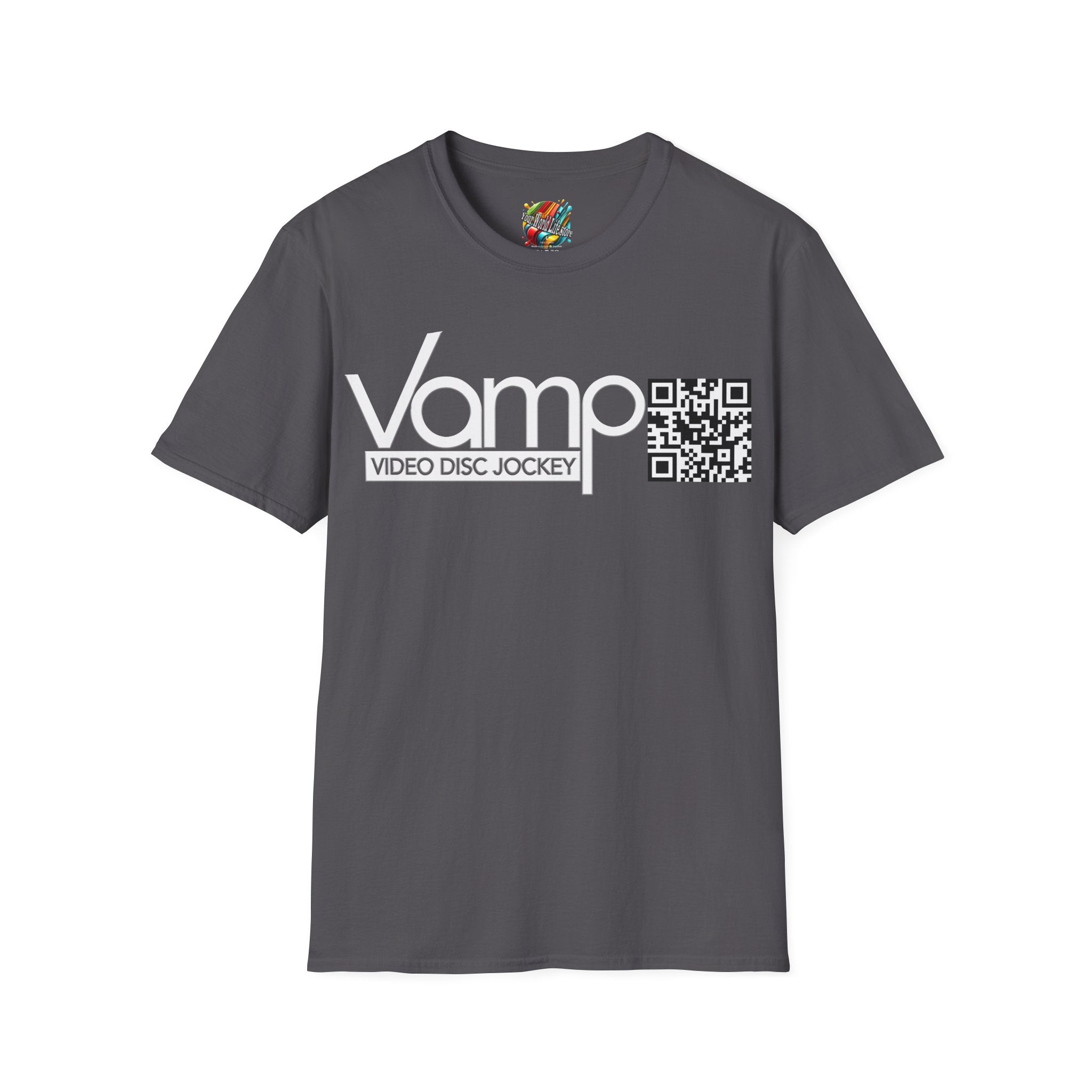 "DJ VAMP" 🎧Signature Logo Tee – Bold, Loud, and Made to Move - QR
